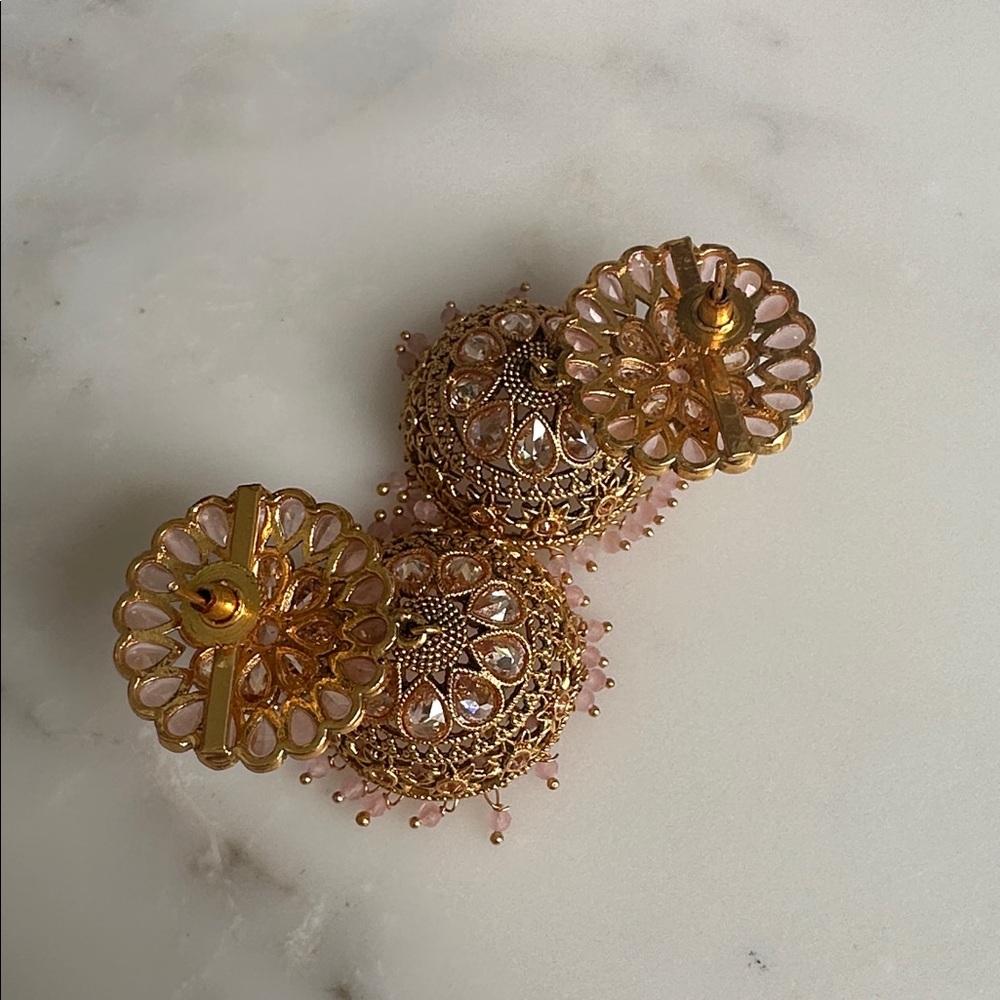 Gold and Pink Floral Jhumka Earrings - Picture 3 of 4